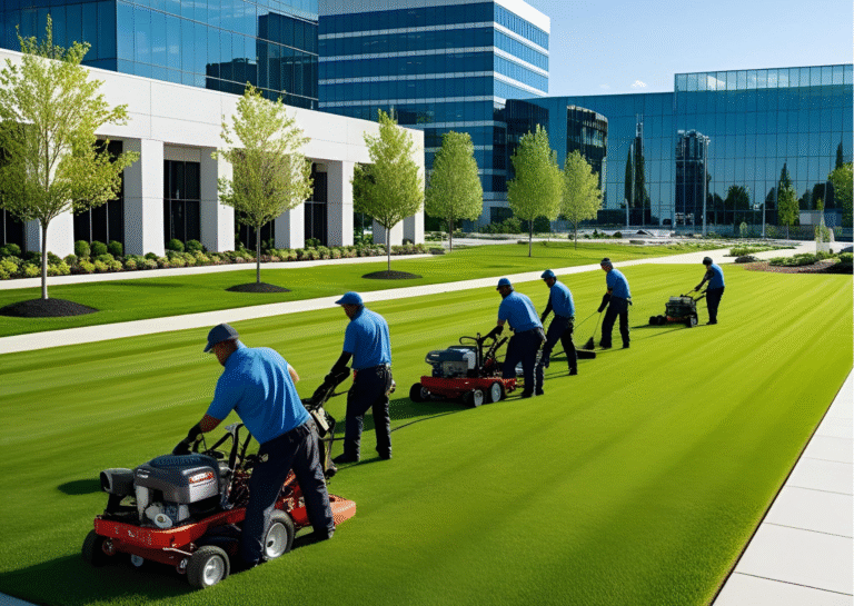 Landscapers mowing a vibrant green lawn.