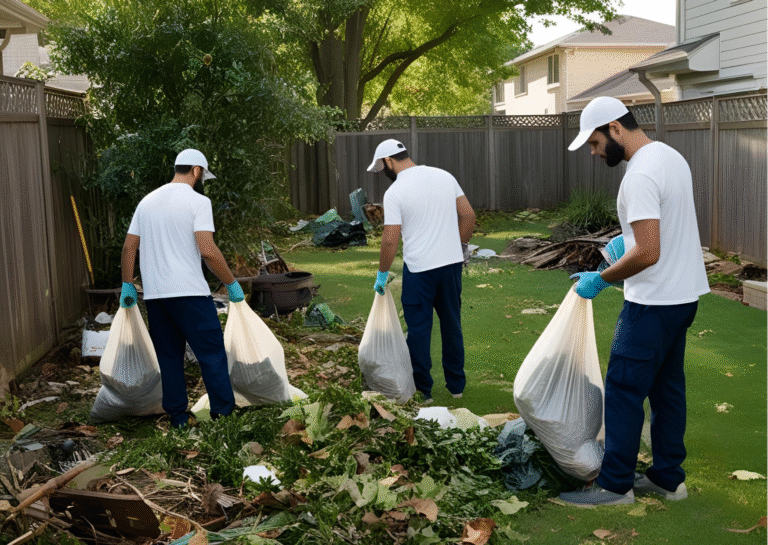 People cleaning up a messy yard.