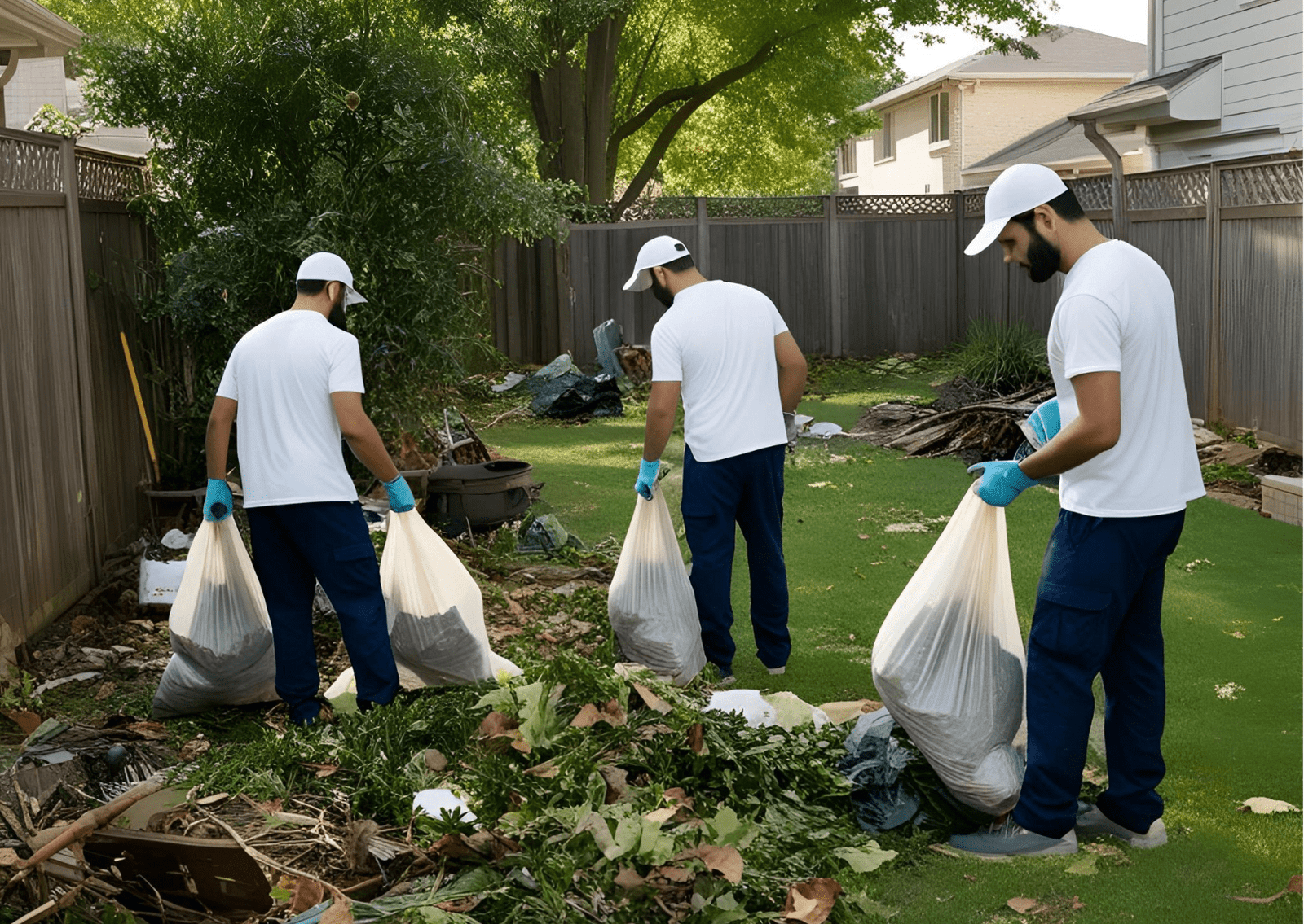 People cleaning up a messy yard.