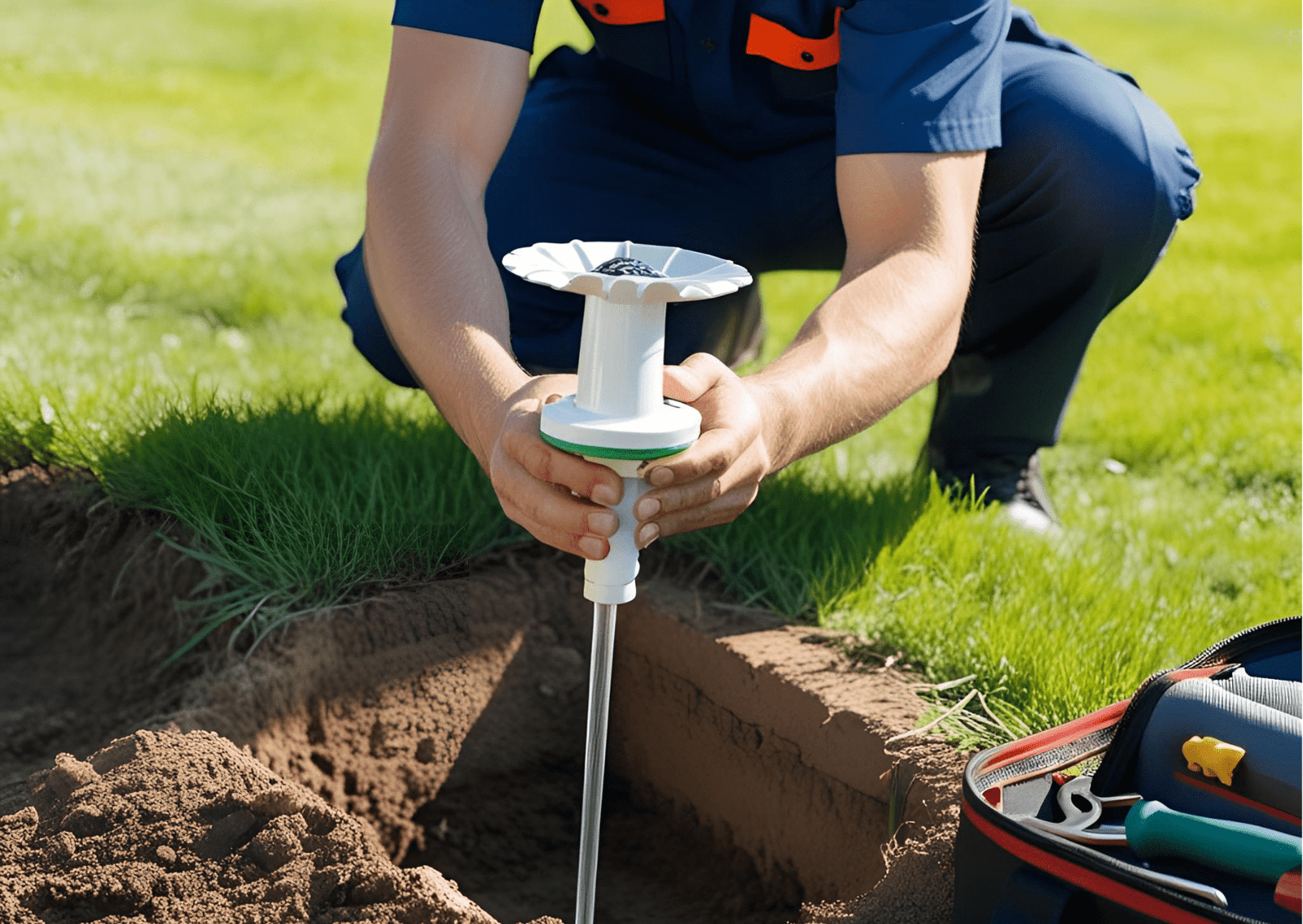 Man using soil testing equipment outdoors