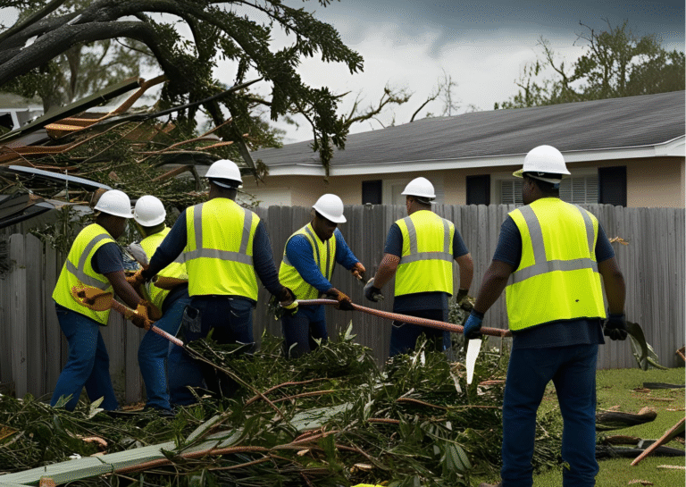 Workers clearing storm debris together.