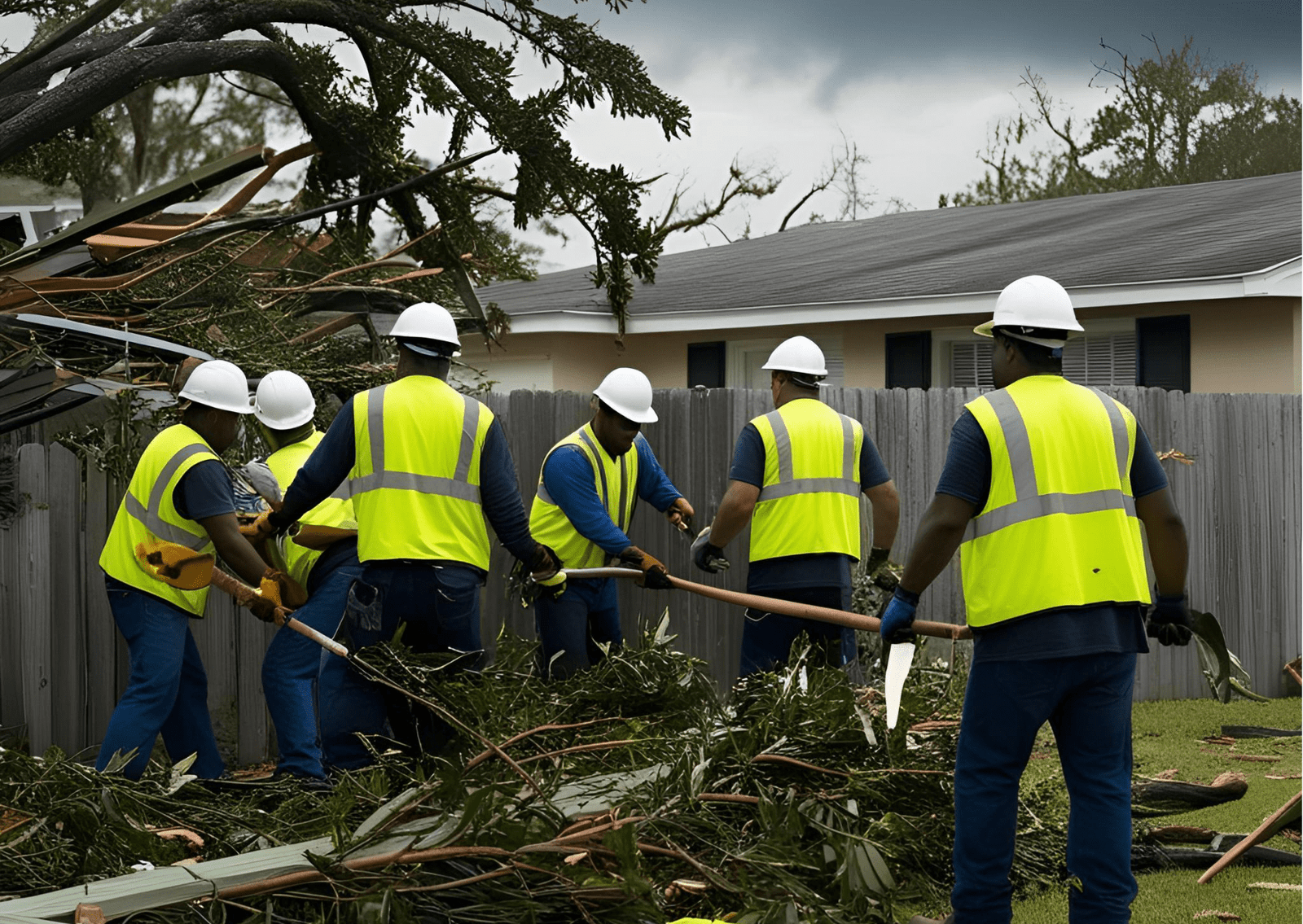 Workers clearing storm debris together.