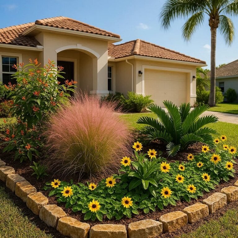 Beautiful house with vibrant flower garden