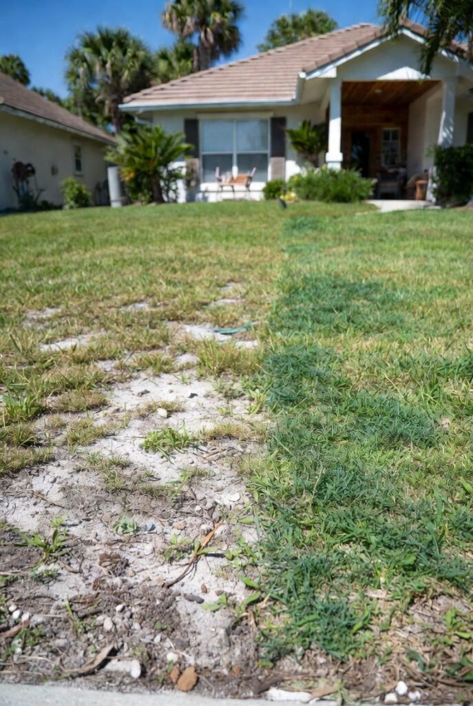 Before and after lawn seeding service fixing bare spots in a Cape Coral front yard