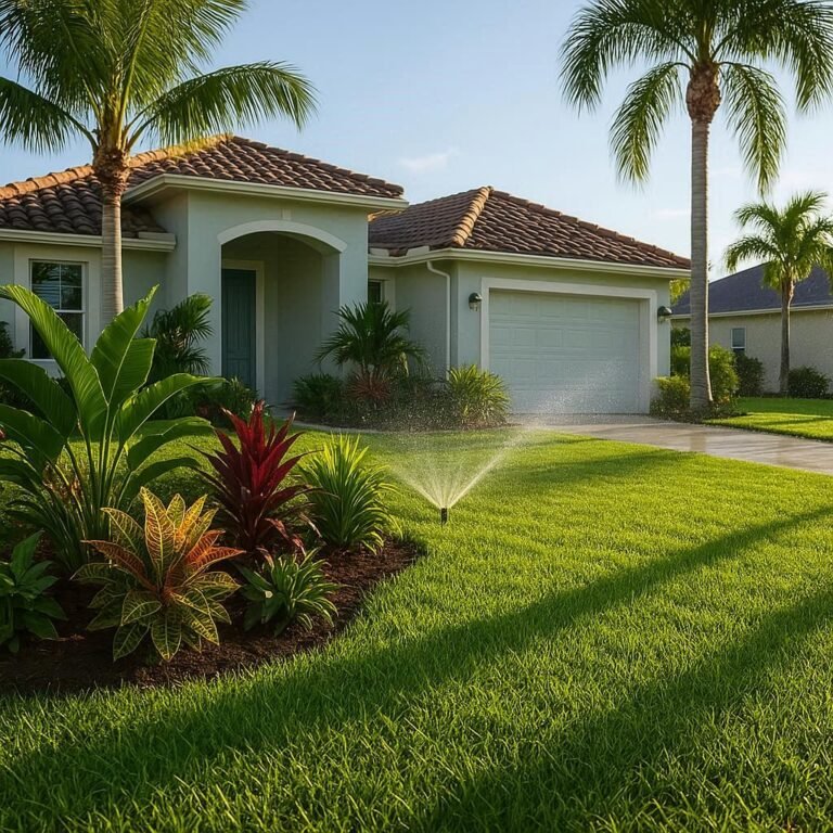 Lush garden with sprinkler system