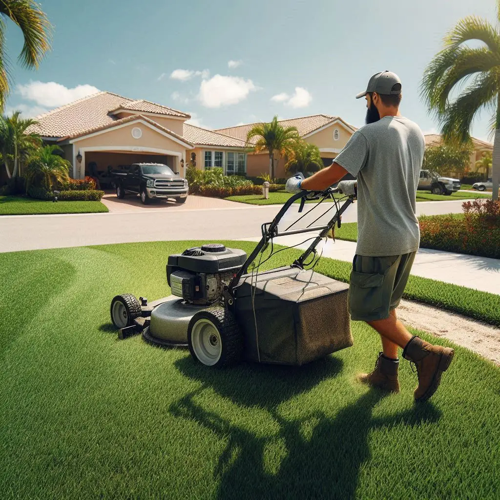 Local lawn mowing expert cutting thick St. Augustine grass at a Cape Coral, FL home