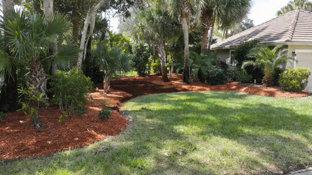 Fresh mulch installation in Cape Coral FL with clean edges and healthy landscape beds