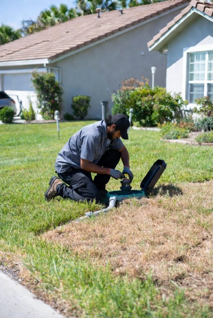 Irrigation technician diagnosing a dry sprinkler zone in a Cape Coral residential lawn
