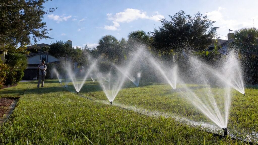 Irrigation system testing after repair on a Cape Coral lawn