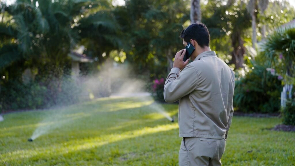 Irrigation technician on a phone call responding to sprinkler repair in Cape Coral
